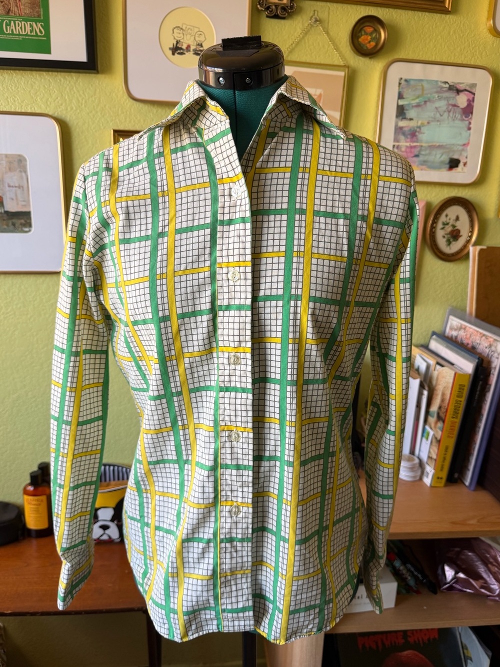 Vintage 70s Hot Line Dagger Collar Grid Plaid Button Up Shirt Green Yellow Sz 9